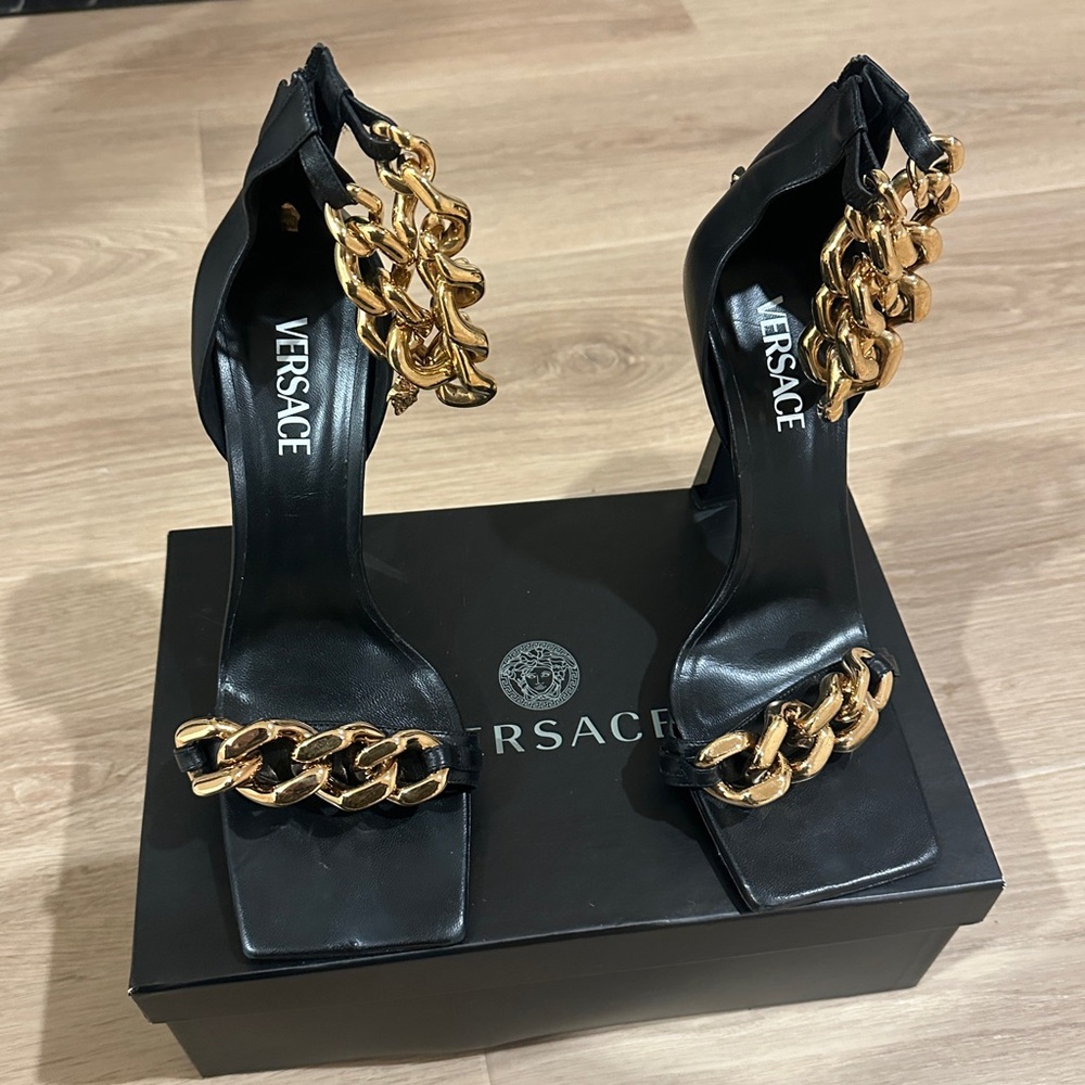 Versace Black Heels with Gold Chain Accents